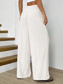 Solflare Plus Size Women Apricot Drawstring Waist Wide Leg Casual Pants Summer Pants,Business Casual Woman - trắng - Xem 2