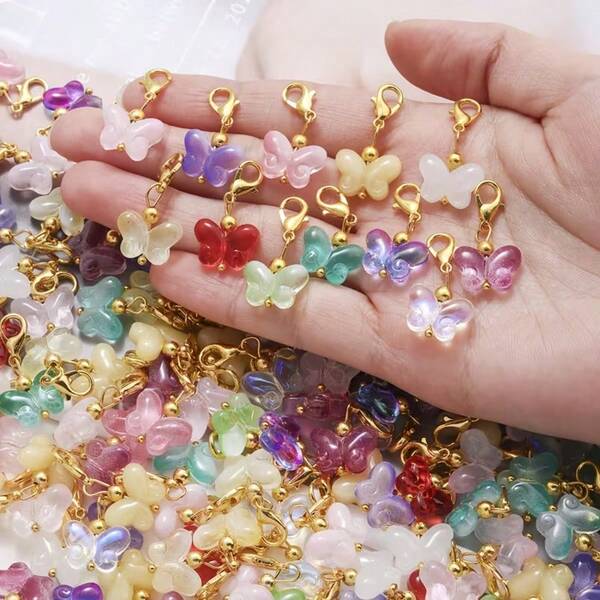 5/10/15pcs Gold Butterfly Glass Alloy Pendant With Lobster Clasp For Craft Making DIY Keychain, Keyring Accessories