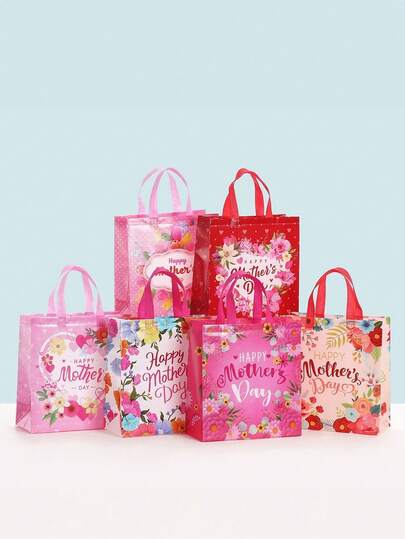 Bộ 6 túi quà tặng không dệt in họa tiết hoa - Túi mua sắm gấp gọn in chữ "Chúc mừng Ngày của Mẹ"; Túi đựng quà bất ngờ Ngày của Mẹ, Túi quà tặng tiệc Ngày của Mẹ, Túi đựng bó hoa Ngày của Mẹ, Túi quà tặng tiệc mừng em bé, Trang trí bàn tiệc Ngày của Mẹ, Trang trí nhà cửa Ngày của Mẹ, Túi trang trí phông nền Ngày của Mẹ