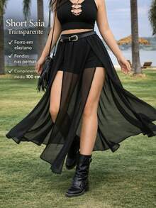 Long, Transparent Chiffon Skirt And Shorts Set - Short Shorts In Elastane/High Waist With Slit/Leg Opening/Hot Pants/Women's Set Summer 2026 Collection/Festival Look/International Show/Gothic/Rock/Emo/Hip Hop/Belly Dance/Halloween Costume/Lollapalooza/The Show/Rock In Rio/Tardezinha/Semi-Translucent/Sensual/Sexy/Carnival/Lgbt Fashion/Pride Day/Gay Parade - 黑色 - 查看 4