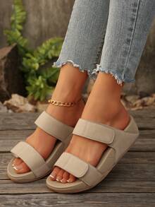 Plus Size Women Casual Comfortable Thick Sole Hook And Loop Sandals, Leisure Open Toe Beach Resort Wedge Sandals, Non-Slip Beach Shoes - Khaki - View 6