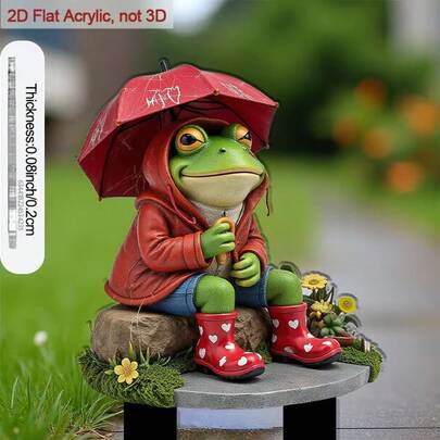 1 pièce Piquet de jardin en acrylique 2D | Grenouille avec parapluie rouge, pointe pointue, convient pour la cour, met en valeur les plates-bandes et les jardinières, idéal pour la décoration et les cadeaux spéciaux, style d'art décoratif