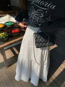 女士休闲条纹中长A字裙，百搭日常装 - 白色 - 查看 4