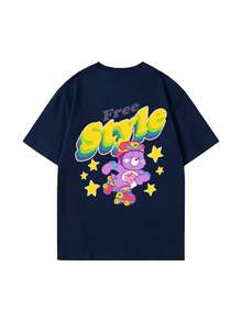 SHEIN | Care Bears 夏季女式短袖经典卡通紫色小熊轮滑自由式标语趣味图案T恤，融合了甜美酷炫的电子女孩风格。 - 藏蓝色 - 查看 4