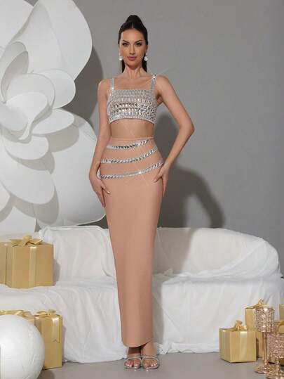 Heavy-Duty Sparkling Diamond Cami Top And Maxi Skirt Sexy 2-Piece Set, Elegant Women's Formal Banquet Holiday Party Bandage Outfit