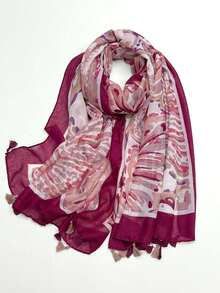 1条女士简约印花围巾，时尚围巾，新款防晒沙滩披肩，女士披肩 - 玫紅色 - 查看 8