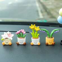 4 Styles Cartoon Potted Plant Car Decor, Slip-Resistant Base Design, Dual Use For Car Interior & Desktop, Universal Fit - Cartoon Bonsai - View 5