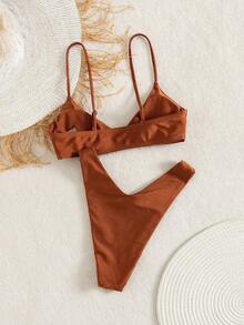 Women's Solid Color Metal Ring Detachable Bikini Set With Removable Straps, Summer Vacation Beach - Brown - View 4