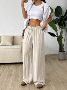 Solflare Plus Size Women Apricot Drawstring Waist Wide Leg Casual Pants Summer Pants,Business Casual Woman - 黑色 - 查看 8