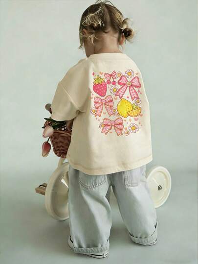 Baby Girl Cute Fruit & Bow Graphic T-Shirt, Casual Short Sleeve Crew Neck Tee For Toddler Girls