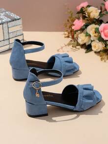 1 Pair Blue Plus Size High Heel Sandals For Female Students, Soft Fabric With Ruffled Skirt Trim, Metal Buckle Decor, Rhinestone Accents, Classic Minimalist Design, Open Toe Chunky Heel, Suitable For 3-15 Years Old Girls Daily, Casual, Hosting, Dancing, Festivals, Vacation, Spring/Summer New Arrival - Blue - View 7