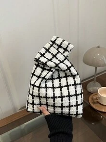 Plaid Wristlet Bag, Niche Design Handheld Bag, Retro Tweed Tote Bag, Versatile Mini Bag For Commuting & Daily Use - Black and White - View 3