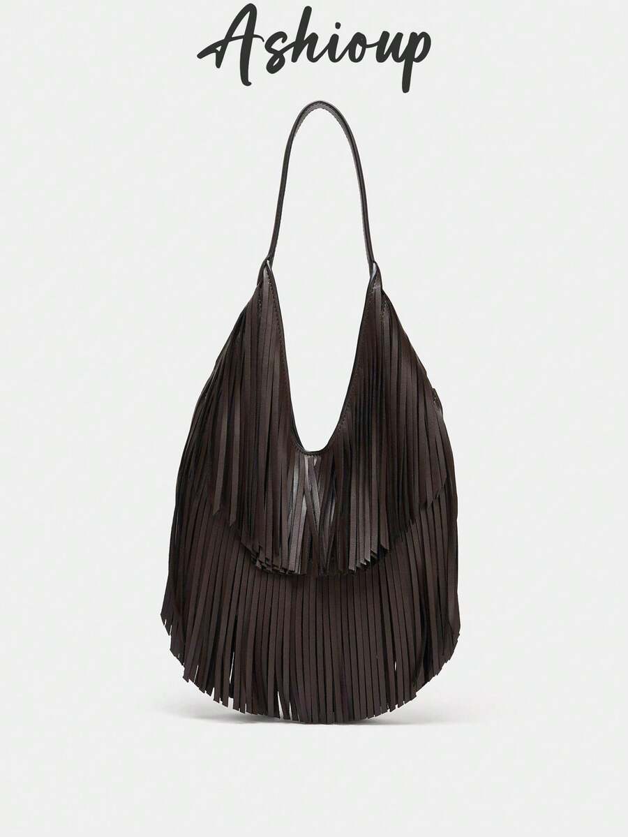 女士复古麂皮流苏单肩包，复古玛拉皮革斜挎包 - 咖啡 - 查看 1