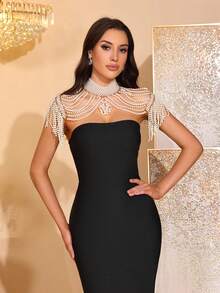 Đầm dự tiệc dáng lửng, ôm sát, không dây vai, gợi cảm, đính ngọc trai, kiểu choker, khăn choàng, thích hợp cho các sự kiện ngày lễ. - màu đen - Xem 3