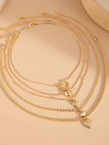 5pcs Set Of Minimalist Stackable Heart Pendant Necklaces - Handmade Choker Jewelry For Teens, Versatile For Daily, Commute, Party - Gold - View 3