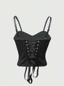 Sexy Solid Color Front Grommet Eyelet Lace Up Back Corset Top Shapewear Backless Adjustable Straps Crop Tank Top Suitable For Party Going Out Date Halloween's Festival Outfit Music Festival Tank Top For Women - 黑色 - 查看 8