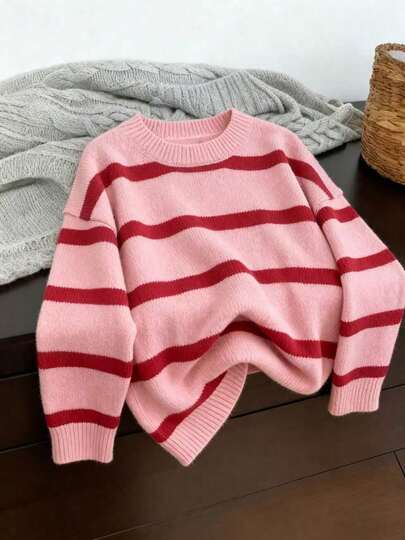 女士亮色条纹针织长袖上衣，柔软舒适休闲套头毛衣，适合秋冬季穿着，粉色