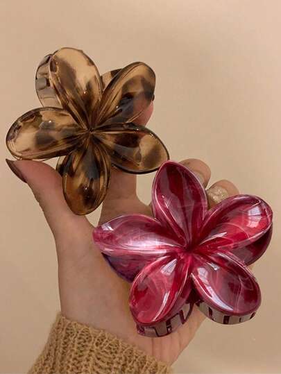 2pcs/Set 8cm/3.15in Red Leopard Ombre Plastic Flower Hair Claw Clips, Fashionable Versatile High-End Elegant Minimalist Solid Color Hair Accessories, Suitable For Daily Outing, Casual, Party, Commuting, Vacation, Hairstyling, Face Washing, Makeup, Outfit Matching,Summer,Holiday,Travel