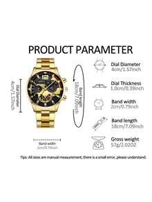 3pcs Casual Fashion Quartz Watch, Brown PU Leather Wallet And Keychain Set For Teenage Boys (No Gift Box), One Size Fits All, With Calendar, Suitable For Casual, Daily, Holiday And Various Occasions - Gold - View 9