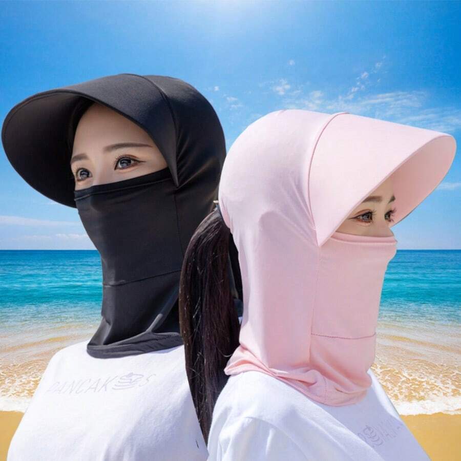 Mũ hè cho nữ có kèm khẩu trang và khăn che cổ, mũ rộng vành chống nắng ngoài trời. - mũ chống nắng - Xem 1