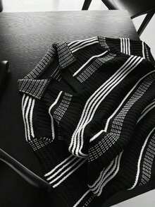 Men's Hollow Out Semi-Sheer Striped Knit Short Sleeve Polo Shirt, Comfortable Breathable Lightweight Knit Top For Casual Wear, Suitable For Vacation And Valentine's Day - màu đen - Xem 5