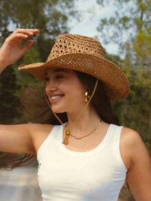 1pc Handmade Fashionable Panama Cowboy Straw Hat, Bohemian Style Beach Sun Hat, Windproof Casual Hat, Suitable For Vacation Travel, Brim Rope Color Random - 卡其色 - 查看 2