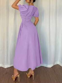 Đầm dự tiệc mùa hè màu trơn dành cho nữ, cổ tròn, eo nhún bèo, tay cánh hoa thanh lịch. - Màu Lilac Tím - Xem 3