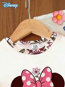 Disney Summer 2pcs Baby Girls Cute Minnie Mouse Ditsy Floral Short Sleeve T-Shirt And Shorts Set, Casual Baby Girl Daily Basic Letter Print Knit Round Neck Tee And Elastic Waist Pants, Outdoor Holiday Outfit - Pink - View 4