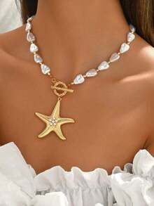 1pc Bohemian Beach Seaside Holiday Starfish Pendant Pearl Necklace, Simple Jewelry Accessory For Daily, Holiday, Party, Dress Matching - 吊墜項鍊 - 查看 4