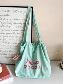 Bolsa de lona con cordón roja, popular en primavera/verano, bolso de mano grande de gran capacidad para ir al trabajo y a la escuela para mujeres, bolso casual con estampado de letras enérgico - Verde - Ver 6