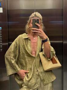 DEEKA 夏季新款女式翻领中袖提花扎染加大码超宽松休闲重磅衬衫时尚优雅系列提花裤休闲裤套装 春季 - 橄欖綠1 - 查看 8