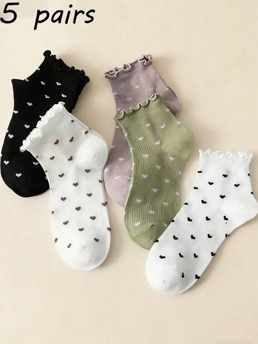 5 pares de calcetines cortos para mujer, estilo dulce con diseño de oreja y corazón de madera, sin costuras en los dedos y el talón, adecuados para varias ocasiones y festivales, primavera/verano - Multicolor - Ver 1