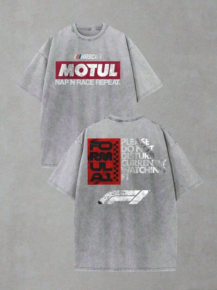 Mens Clothes;Summer Tops2-Sided MOTUL F1 "Do Not Disturb" Graphic Men's Crew Neck Oversized Washed Short Sleeve T-Shirt - Lightweight Cotton Blend, Playful Racing Meme Vibe, Perfect For F1 Watch Parties & Lazy Days, Ideal Gift For Motorsport Memers, Mens Casual Shirt, Street Fashion, Camisas Para Hombresummer OutfitsCasual Short Sleeve Tee HHHC - 灰色 - 查看 1