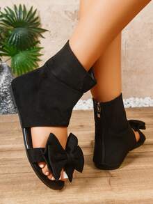 Giày sandal cao cổ kiểu La Mã thắt nơ mùa hè mới cho nữ, đế bằng, khóa kéo phía sau, kiểu dáng thường ngày, đa năng, phù hợp đi làm. - màu đen - Xem 4