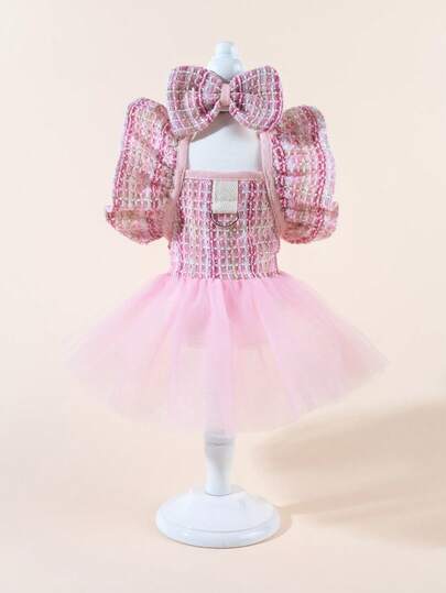 一套宠物连衣裙，印花可爱时尚连衣裙+领结，弹力薄纱裙公主风宠物连衣裙，适合猫狗