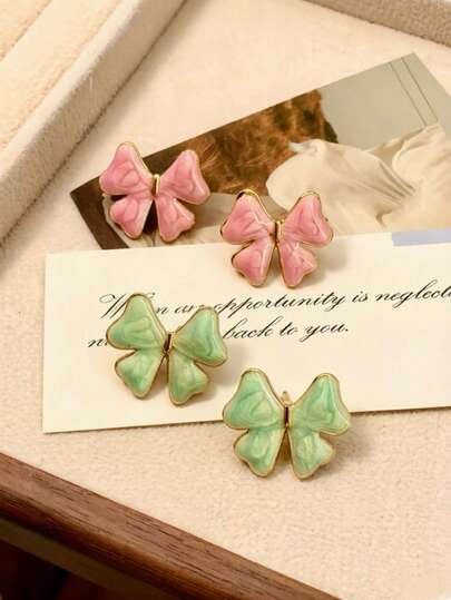 And Cute Enamel Bow Stainless Steel Stud Earrings For Women, Women's Macaron Pink And Green Bow-Knot Design Earrings, Fashionable, Sweet, And Delicate Accessories, Perfect For Everyday Wear And As Birthday Gifts; Fashionable And Cute Enamel Bow Stud Earrings, Women's Earrings With A Bow-Knot Design In Soft Pink And Green Tones, Fashionable, Sweet, And Delicate Jewelry, Ideal For Everyday Wear And As Birthday Gifts