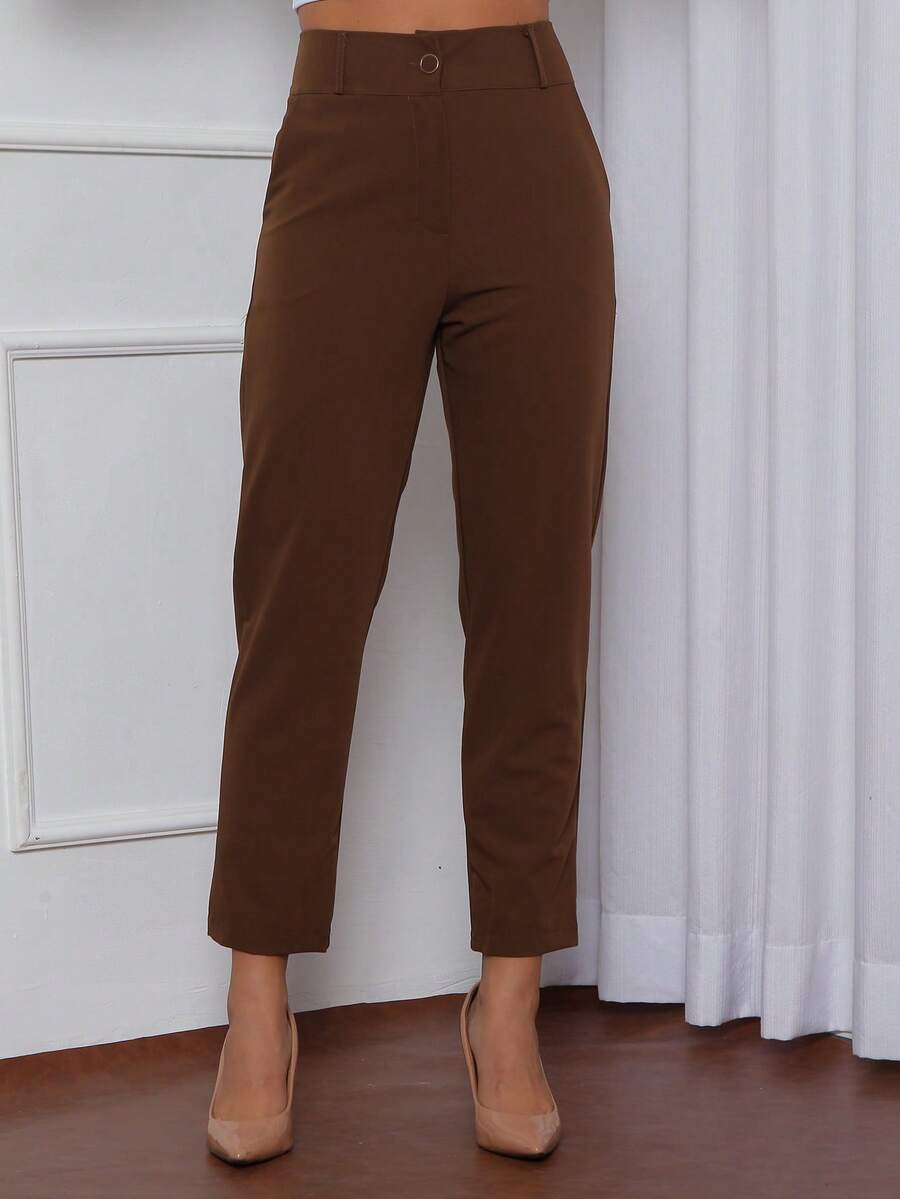 Women's Tailored Plain Trousers With Button - Maxma 6631 - 摩卡棕 - 查看 1