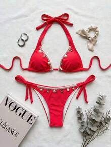 2pcs Women's Ocean Theme Decorative Sexy Casual Bikini Set, Spaghetti Strap Solid Color Swimsuit Suitable For Beach, Swimming, Spring/Summer Vacation, Removable Swimsuit Pads - Red - View 4