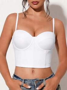Women's White Strapless Bustier Crop Top - Detachable Straps, Suitable For Vacation Wear - White - View 3