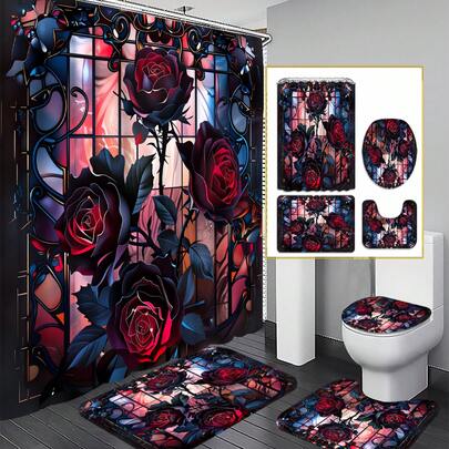 Bộ 1/3/4 món rèm tắm họa tiết hoa hồng đen Gothic cho phòng tắm, họa tiết lãng mạn tối màu, vải polyester có thể giặt được, chống thấm nước, phụ kiện trang trí phòng tắm, kèm 12 móc - Bao gồm cả tấm phủ bồn cầu, thảm tắm và thảm trải sàn, hoàn hảo cho nhà/phòng ngủ/phòng khách/đồ dùng gia đình