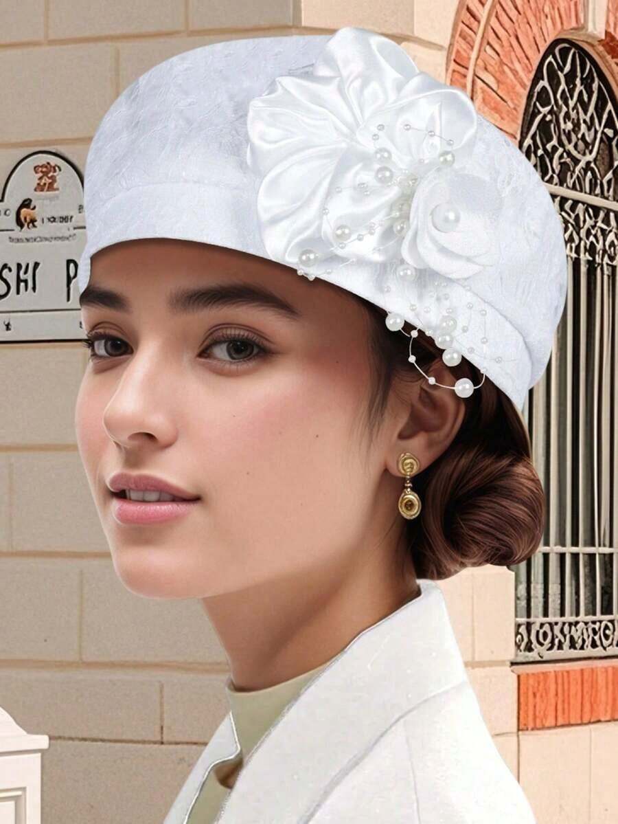 Women Beret Hat With Pearl Flower Breathable Brimless Cap  Fascinators Hats For Tea Party Stage - Màu hồng đậm - Xem 1