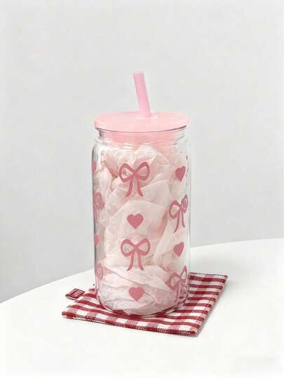 Botella de agua de plástico rosa con lazo de 16 onzas (con tapa y pajita) - Puede contener agua, café, té, leche, limonada, bebidas de té mezcladas, bebidas portátiles, jugo y batidos. Reutilizable + portátil y fácil de limpiar, adecuado para el hogar, la oficina, la escuela, fiestas, ocio al aire libre, bodas. Un regalo ideal para damas y hermanas en vacaciones, cumpleaños, aniversarios (vaso de agua para estudiantes de verano, suministros para el hogar, botella de agua, vaso de vidrio, vaso con pajita, botella de almacenamiento) Regalo del Día de la Madre