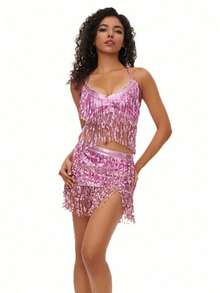 1 Set Sequin Tassel Dress Set Women's Two Pieces Crop Top Camisole Bag Hip-Lifting Mini Skirt Shiny Tassel Set Halloween - Multicolor - View 11