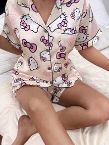 Dreamivo Silk Pajama Set, Short Sleeve Button Front Lapel Bow Cartoon Cute Front Button Pocket Contrast Trim - Yellow - View 4