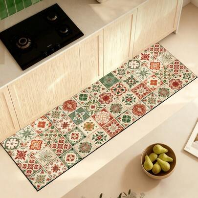 波西米亚风格厨房地垫，硅藻土地毯房间装饰，四季皆宜，舒适防滑吸水速干，易于清洁，适用于厨房、餐厅、浴室、入口、洗衣房、走廊、书房等潮湿的室内区域。
