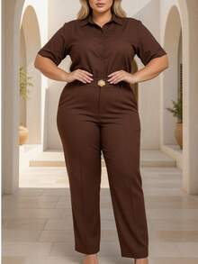 Women's Plus Size Set - Elegant Shirt And Pants - Rỉ Nâu - Xem 4