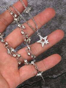 2pcs Rhinestone Star & Cross Tassel Pendant Necklaces, Bling Zirconia Gothic Delicate Y2K Layered Choker Necklaces For Women - 銀色 - 查看 5