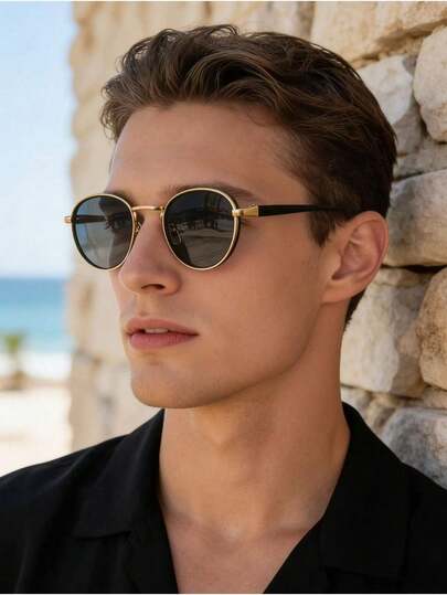 HOYNI Clásico redondo para hombres, estilo vintage profesional, ligero y cómodo, con marco negro y lentes negras, adecuado para viajes, vacaciones, uso diario, playa, ciclismo y deportes. Esencial para las vacaciones de verano en la playa y los viajes al aire libre.