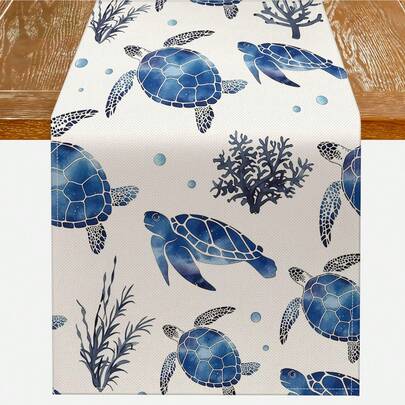 1 Pc Coastal Blue Sea Turtle Table Runner – Nautical Coral Print Table Decor For Beach House, Summer Dining & Patio
