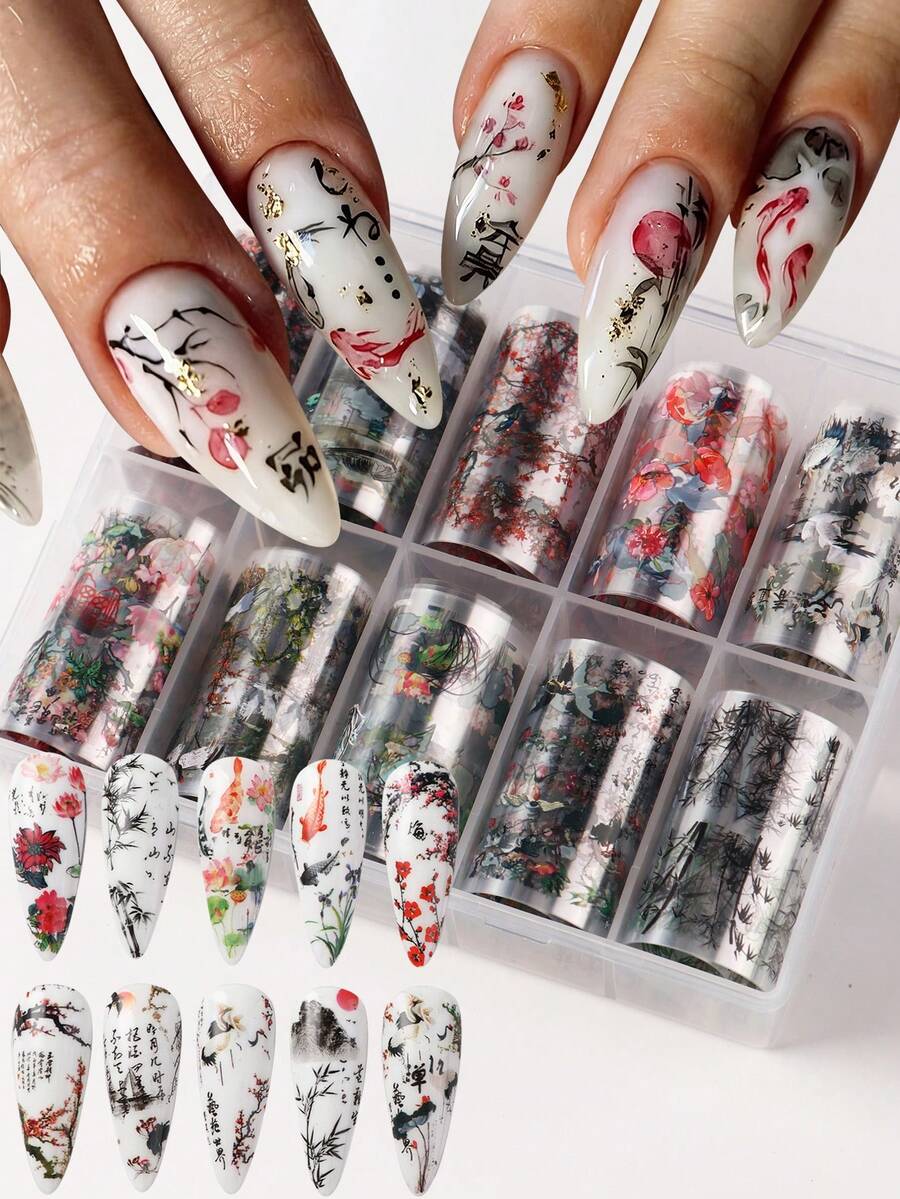 FULL BEAUTY 10 cuộn giấy dán móng tay phong cách tranh thủy mặc Trung Quốc, họa tiết tre, hạc, cá vàng, hoa mai, sen, tự làm đồ trang trí móng tay. - Nhiều màu - Xem 1
